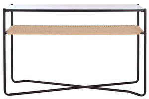 Safavieh Omaka 1 Shelf Console Table - Elegant Natural Wood, Black Metal Frame & Clear Glass Top For Any Space Natural ,Black Metal Cns2309a