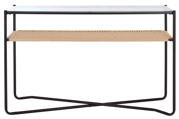 Safavieh Omaka 1 Shelf Console Table - Elegant Natural Wood, Black Metal Frame & Clear Glass Top For Any Space Natural ,Black Metal Cns2309a