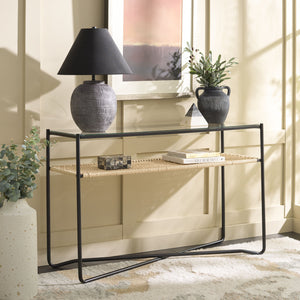 Safavieh Omaka 1 Shelf Console Table - Elegant Natural Wood, Black Metal Frame & Clear Glass Top For Any Space Natural ,Black Metal Cns2309a