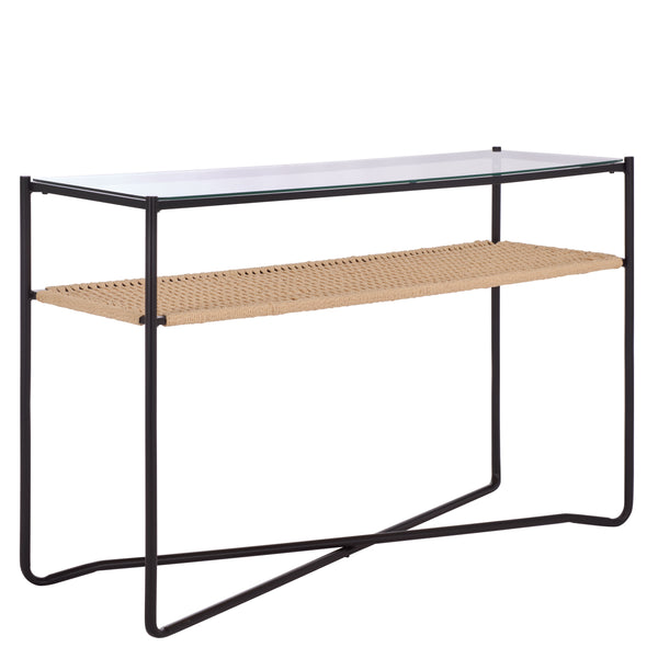 Safavieh Omaka 1 Shelf Console Table - Elegant Natural Wood, Black Metal Frame & Clear Glass Top For Any Space Natural ,Black Metal Cns2309a