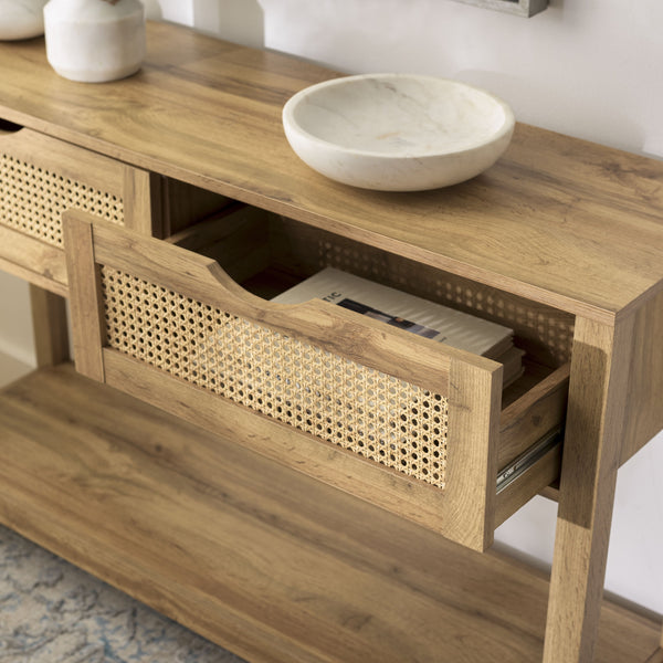 Safavieh Seeley 2 Drawer Console Table – Elegant Oak Finish, Natural Rattan Design For Stylish Storage Solutions Oak Pb,Mdf Cns3100a