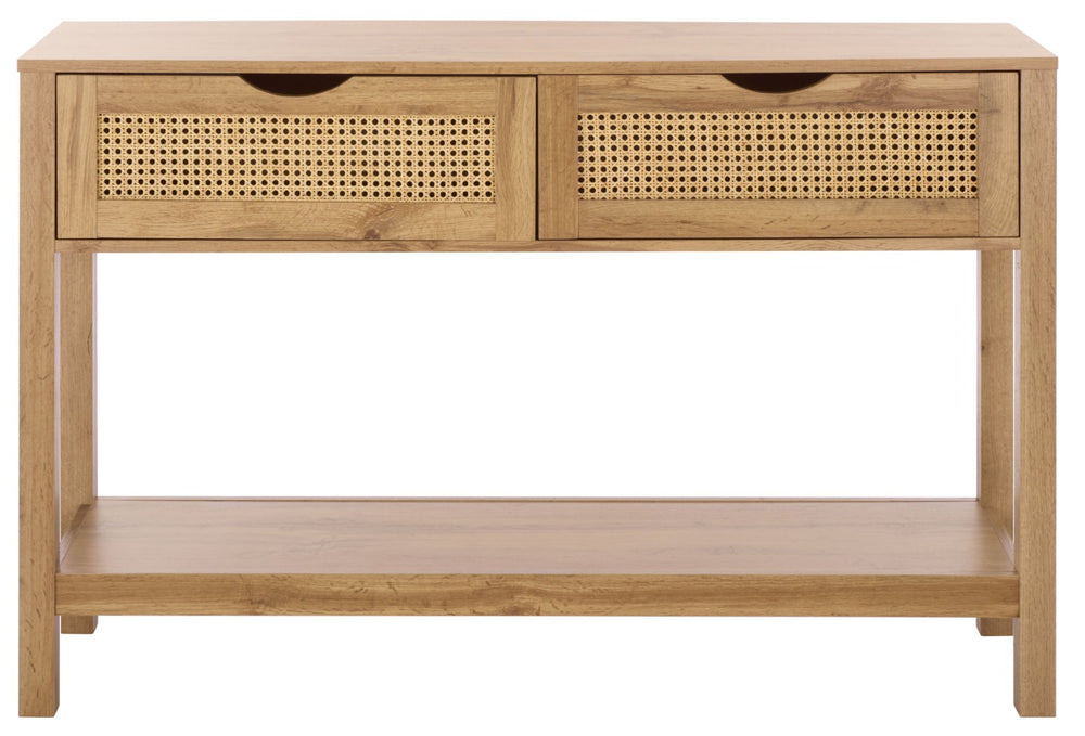 Safavieh Seeley Modern 2-Drawer Console Table – Slim Oak Design With Rattan Accents For Stylish Storage Solutions CNS3100A