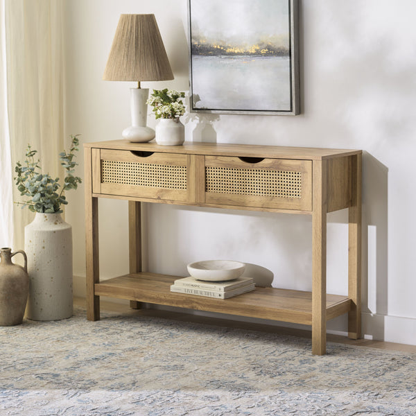 Safavieh Seeley 2 Drawer Console Table – Elegant Oak Finish, Natural Rattan Design For Stylish Storage Solutions Oak Pb,Mdf Cns3100a