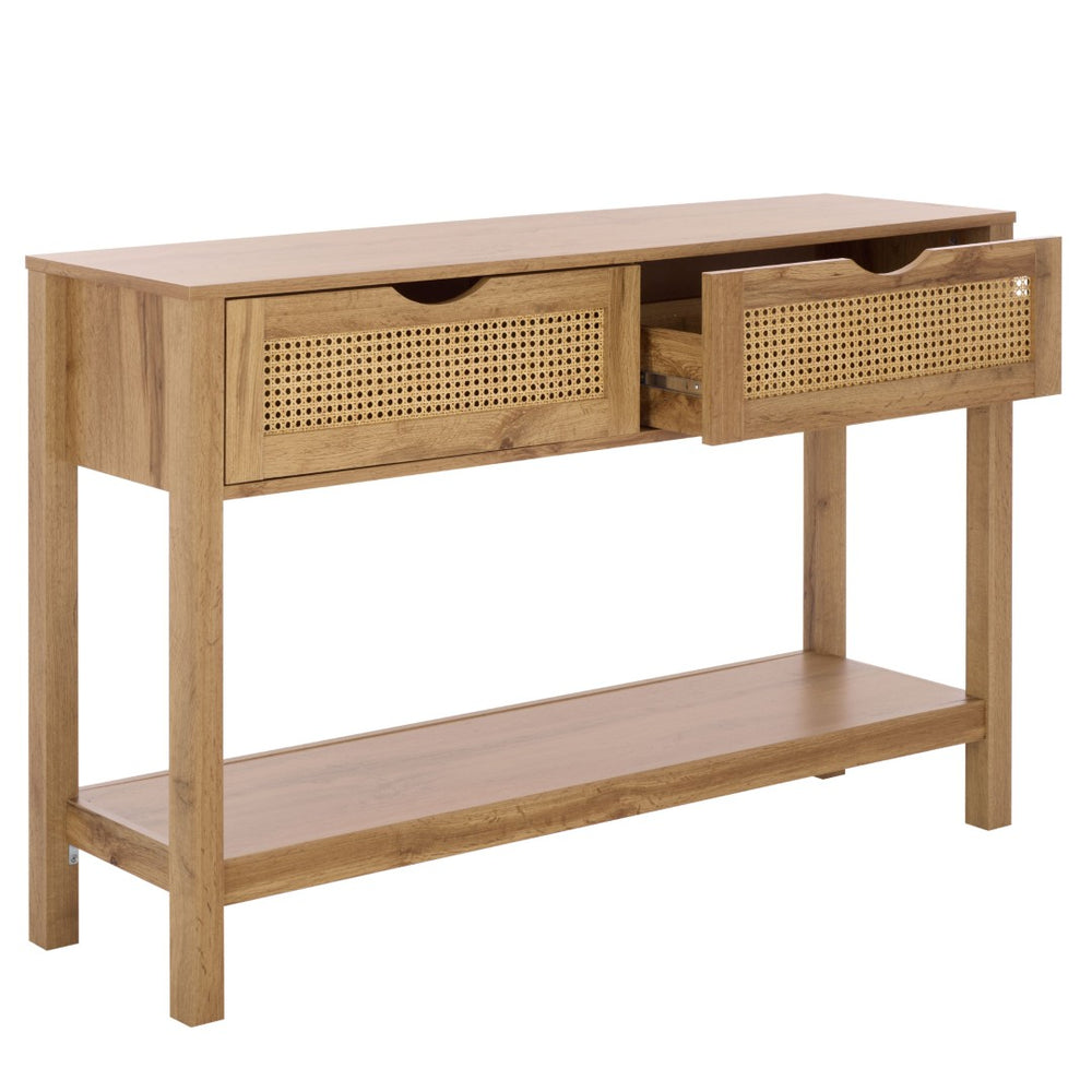 Safavieh Seeley Modern 2-Drawer Console Table – Slim Oak Design With Rattan Accents For Stylish Storage Solutions CNS3100A