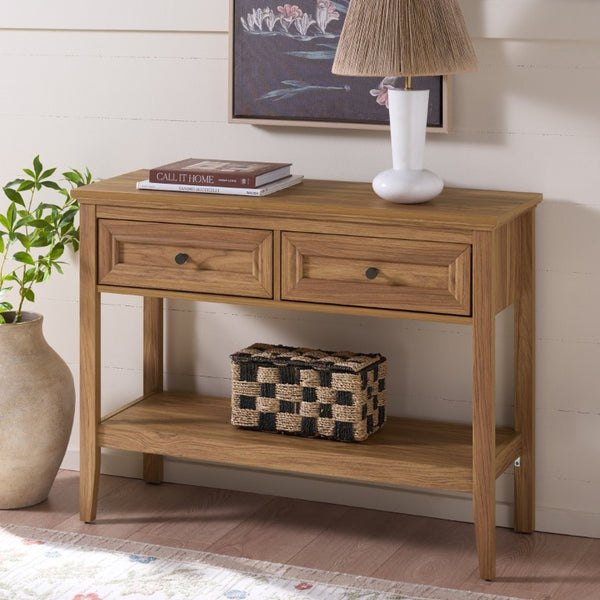 Safavieh Sondra Scandinavian Console Table with Two Drawers and Open Shelf for Entryway Oak CNS3102B