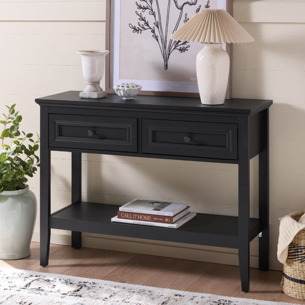Safavieh Sondra Scandinavian Console Table with Two Drawers and Open Shelf for Entryway Black CNS3102C