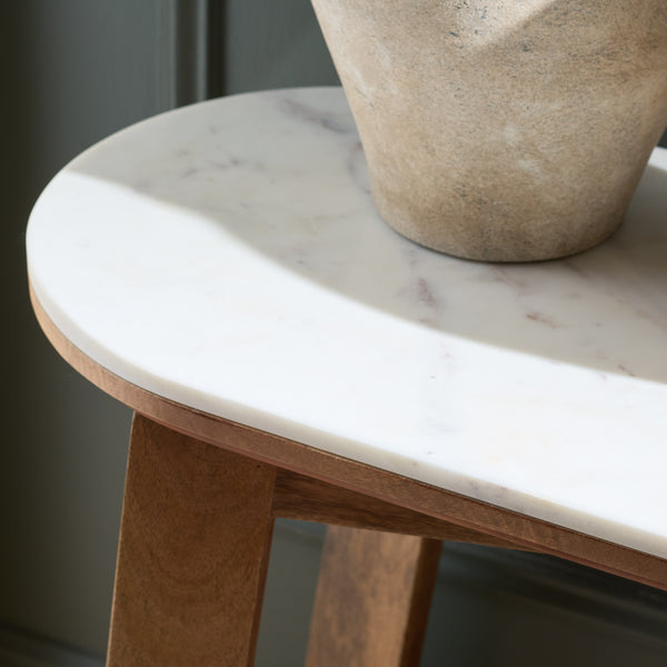 Shina Oval Console Table With Marble Top And Solid Wood Base, Sleek Oval Silhouette For Entryways