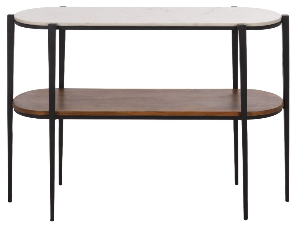 Safavieh Shani Two Tier Console Table Marble Top Mango Wood Shelf Iron Frame Entryway CNS3711A