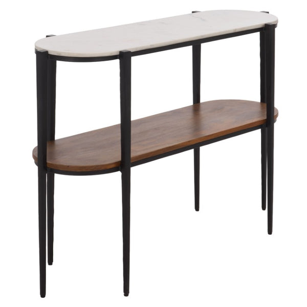 Safavieh Shani Two Tier Console Table Marble Top Mango Wood Shelf Iron Frame Entryway CNS3711A