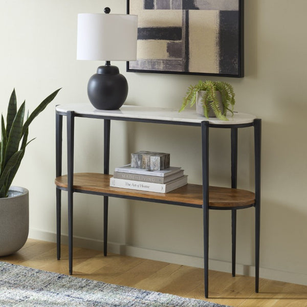 Safavieh Shani Two Tier Console Table Marble Top Mango Wood Shelf Iron Frame Entryway CNS3711A