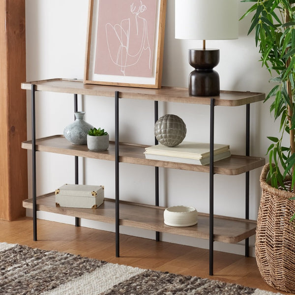 Safavieh Atwell Rustic Industrial 2-Shelf Console Table With Black Metal Legs & Oak Finish For Entryways CNS4204A