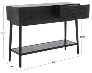 Safavieh Baisley Mid-Century Modern Rattan Console Table With Two Drawers And Stylish Open Storage Shelf Black CNS5000B