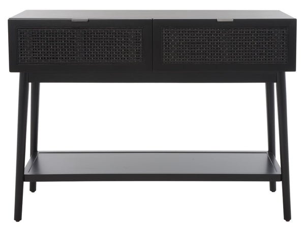 Safavieh Baisley Mid-Century Modern Rattan Console Table With Two Drawers And Stylish Open Storage Shelf Black CNS5000B