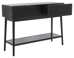 Safavieh Baisley Mid-Century Modern Rattan Console Table With Two Drawers And Stylish Open Storage Shelf Black CNS5000B