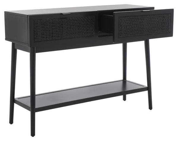 Safavieh Baisley Mid-Century Modern Rattan Console Table With Two Drawers And Stylish Open Storage Shelf Black CNS5000B