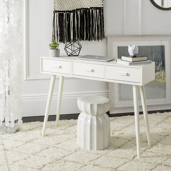 Safavieh Albus Mid-Century 3 Drawer Console Table For Stylish Entryways And Living Spaces With Hidden Storage Antique White CNS5701A