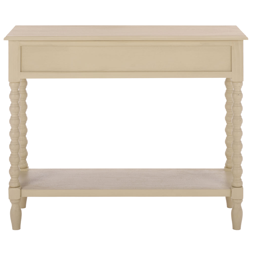 Athena Farmhouse Console Table With 2 Slim Drawers, Open Shelf, Ball-Turned Legs, Sandy Finish
