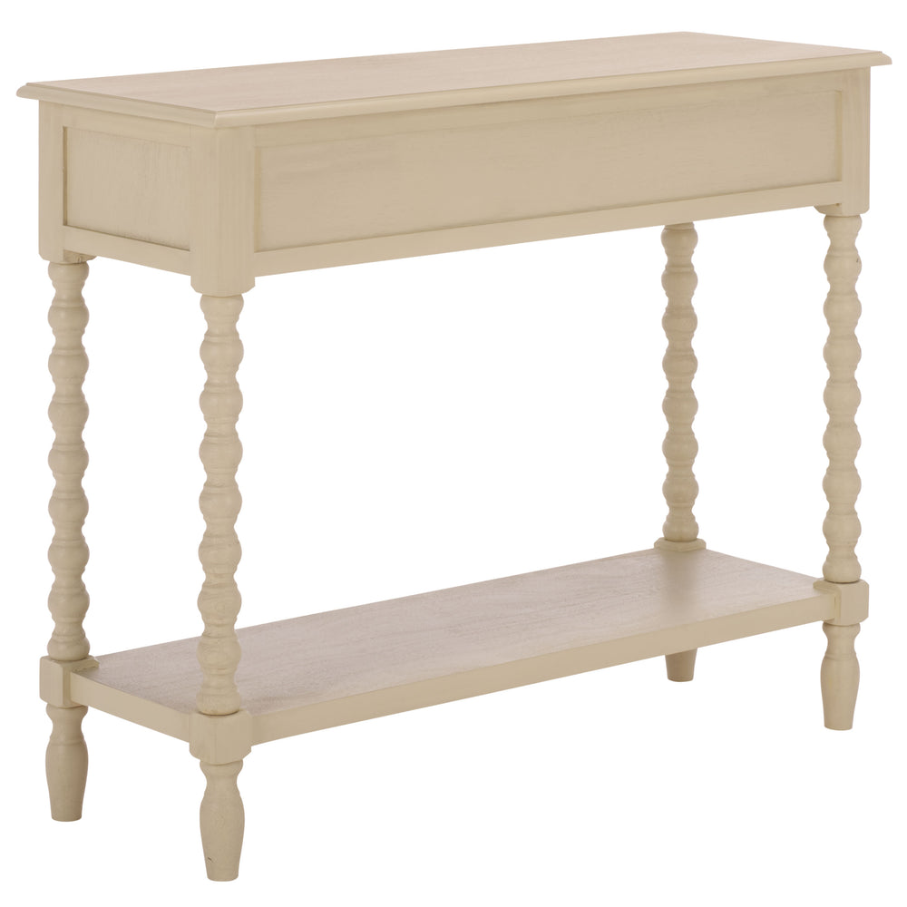 Athena Farmhouse Console Table With 2 Slim Drawers, Open Shelf, Ball-Turned Legs, Sandy Finish
