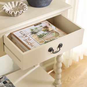 Athena Farmhouse Console Table With 2 Slim Drawers, Open Shelf, Ball-Turned Legs, Sandy Finish