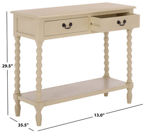 Athena Farmhouse Console Table With 2 Slim Drawers, Open Shelf, Ball-Turned Legs, Sandy Finish