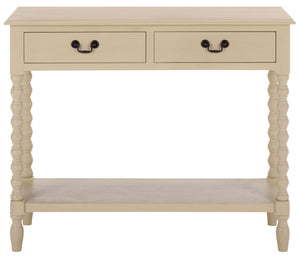 Athena Farmhouse Console Table With 2 Slim Drawers, Open Shelf, Ball-Turned Legs, Sandy Finish