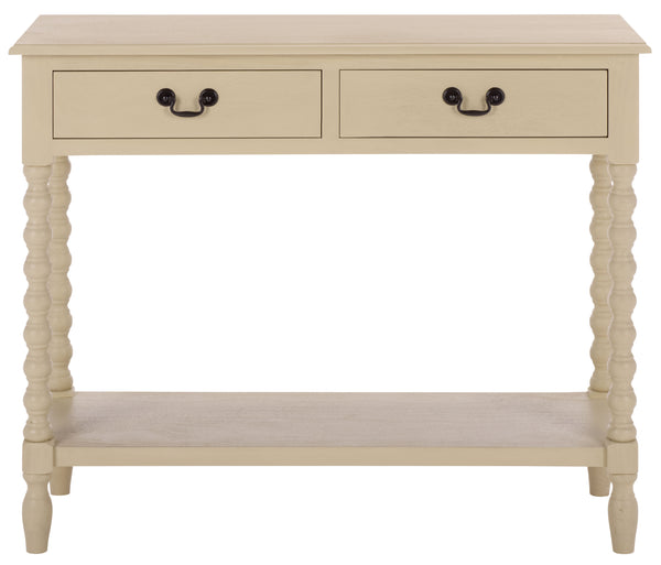 Athena Farmhouse Console Table With 2 Slim Drawers, Open Shelf, Ball-Turned Legs, Sandy Finish