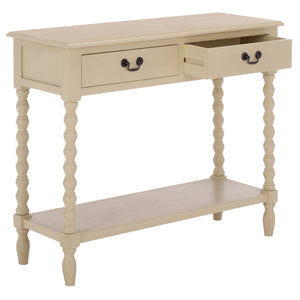 Athena Farmhouse Console Table With 2 Slim Drawers, Open Shelf, Ball-Turned Legs, Sandy Finish