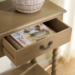 Athena Farmhouse Console Table With 2 Slim Drawers, Open Shelf, Ball-Turned Legs, Sandy Finish