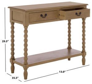 Athena Farmhouse Console Table With 2 Slim Drawers, Open Shelf, Ball-Turned Legs, Sandy Finish