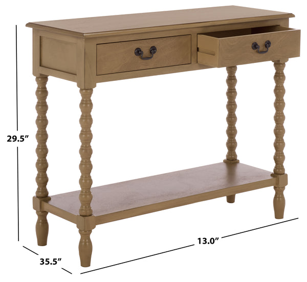 Athena Farmhouse Console Table With 2 Slim Drawers, Open Shelf, Ball-Turned Legs, Sandy Finish