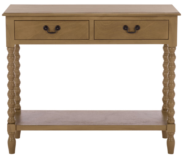 Athena Farmhouse Console Table With 2 Slim Drawers, Open Shelf, Ball-Turned Legs, Sandy Finish