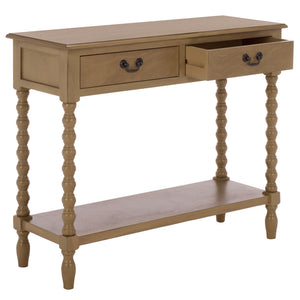 Athena Farmhouse Console Table With 2 Slim Drawers, Open Shelf, Ball-Turned Legs, Sandy Finish
