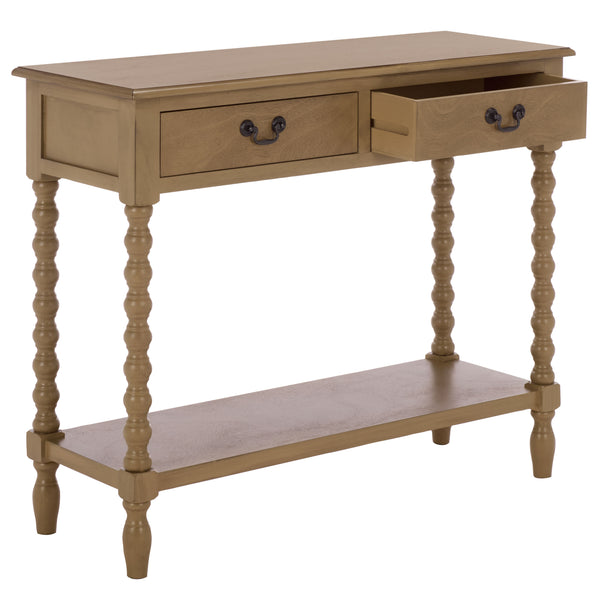 Athena Farmhouse Console Table With 2 Slim Drawers, Open Shelf, Ball-Turned Legs, Sandy Finish