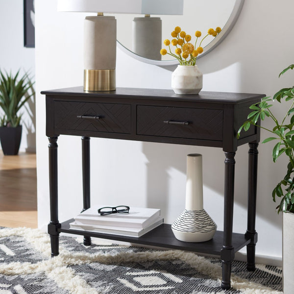Safavieh Peyton Console Table - Stylish Two-Drawer Design With Herringbone Pattern And Open Shelf For Storage Black CNS5704B