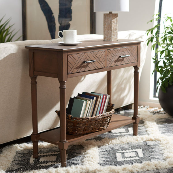 Safavieh Peyton Console Table - Stylish Two-Drawer Design With Herringbone Pattern And Open Shelf For Storage Brown CNS5704C