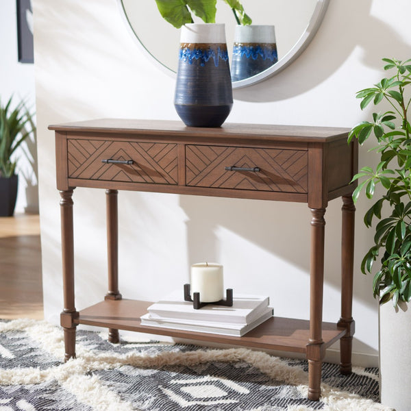 Safavieh Peyton Console Table - Stylish Two-Drawer Design With Herringbone Pattern And Open Shelf For Storage Brown CNS5704C