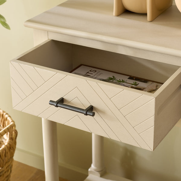 Peyton 3-Drawer Console Table With Herringbone Drawer Fronts, Open Shelf & Carved Accents, 47.25" W