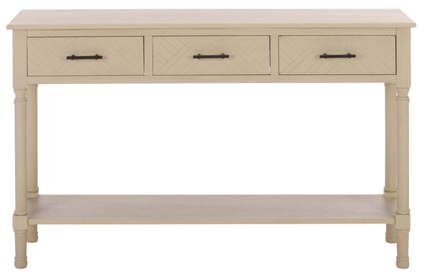 Peyton 3-Drawer Console Table With Herringbone Drawer Fronts, Open Shelf & Carved Accents, 47.25" W
