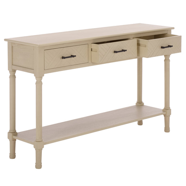 Peyton 3-Drawer Console Table With Herringbone Drawer Fronts, Open Shelf & Carved Accents, 47.25" W