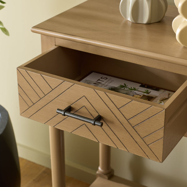 Peyton 3-Drawer Console Table With Herringbone Drawer Fronts, Open Shelf & Carved Accents, 47.25" W