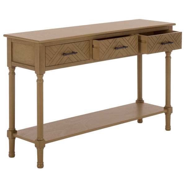 Peyton 3-Drawer Console Table With Herringbone Drawer Fronts, Open Shelf & Carved Accents, 47.25" W