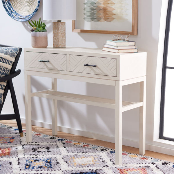 Safavieh Ajana Console Table - Modern Minimalist Design With Herringbone Drawers For Chic Entryway Storage Distressed White W/Distressed White Drawer CNS5709A