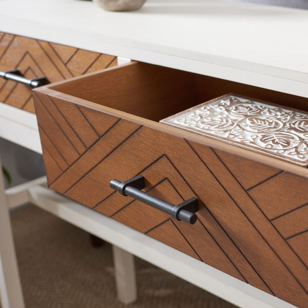 Safavieh Ajana Console Table - Modern Minimalist Design With Herringbone Drawers For Chic Entryway Storage Distressed  White W/Honey Brwn Drawer CNS5709C