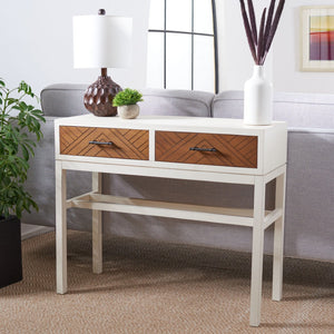 Safavieh Ajana Console Table - Modern Minimalist Design With Herringbone Drawers For Chic Entryway Storage Distressed  White W/Honey Brwn Drawer CNS5709C