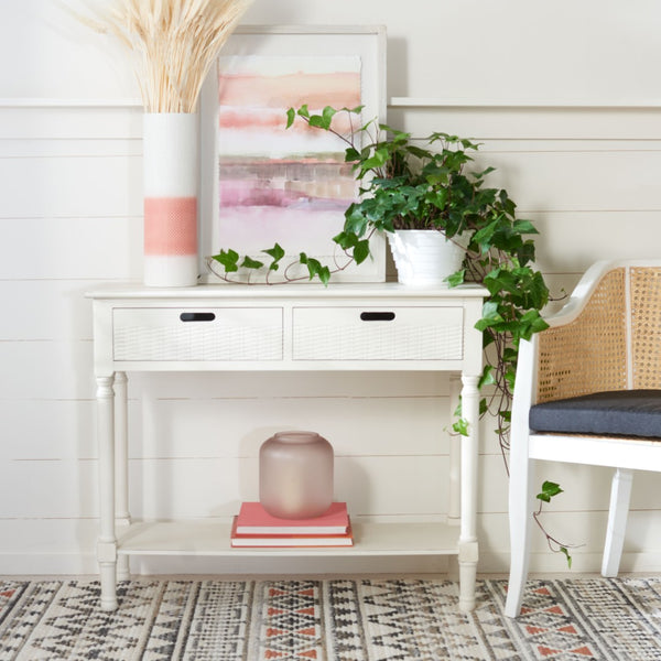 Safavieh Landers 2 Drawer Console Table With Farmhouse Charm And Elegant Carved Details For Stylish Storage Distressed White CNS5710A