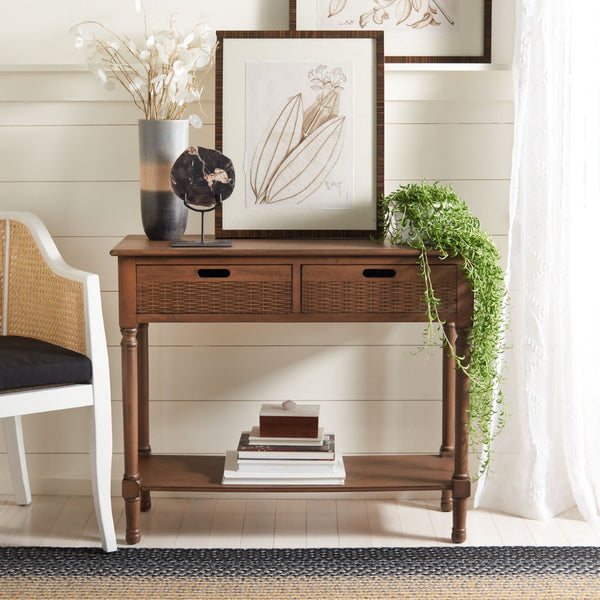 Safavieh Landers 2 Drawer Console Table With Farmhouse Charm And Elegant Carved Details For Stylish Storage Brown CNS5710C