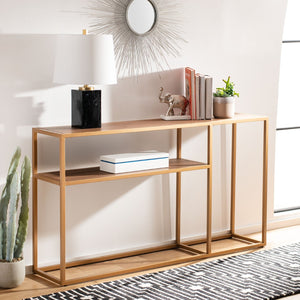 Safavieh Octavia Console Table – Modern Geometric Design With Staggered Tiers For Stylish Entryway Display Walnut/Gold CNS6205A