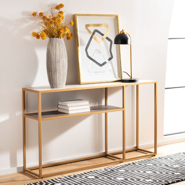 Safavieh Octavia Console Table – Modern Geometric Design With Staggered Tiers For Stylish Entryway Display Beige Faux Stone/Black Faux Granite/Gold CNS6205B