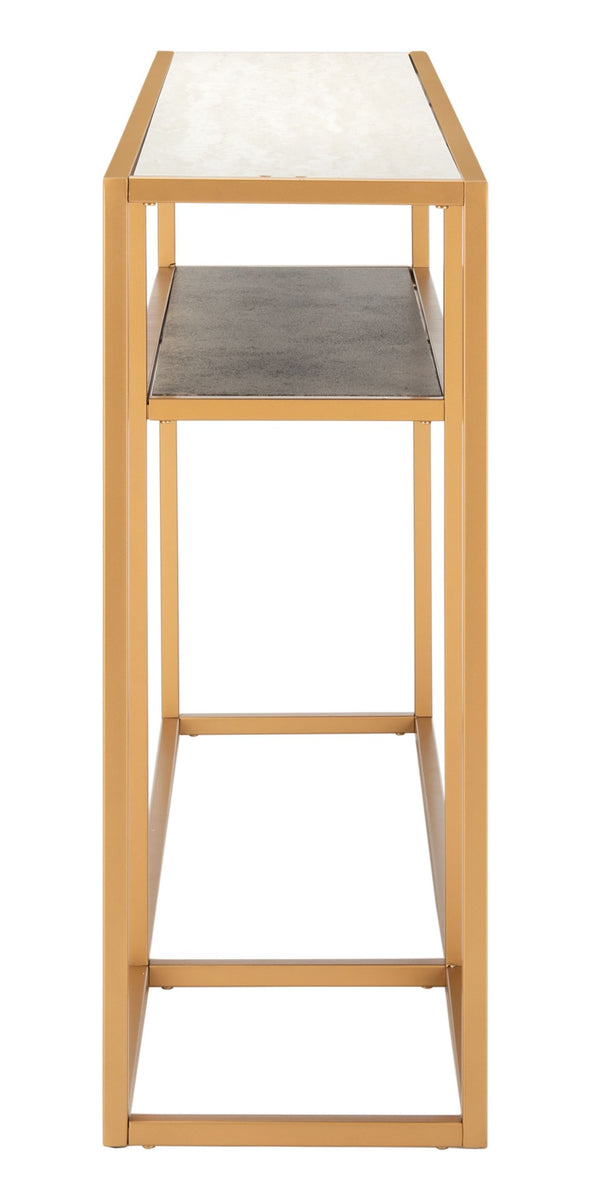 Safavieh Octavia Console Table – Modern Geometric Design With Staggered Tiers For Stylish Entryway Display Beige Faux Stone/Black Faux Granite/Gold CNS6205B