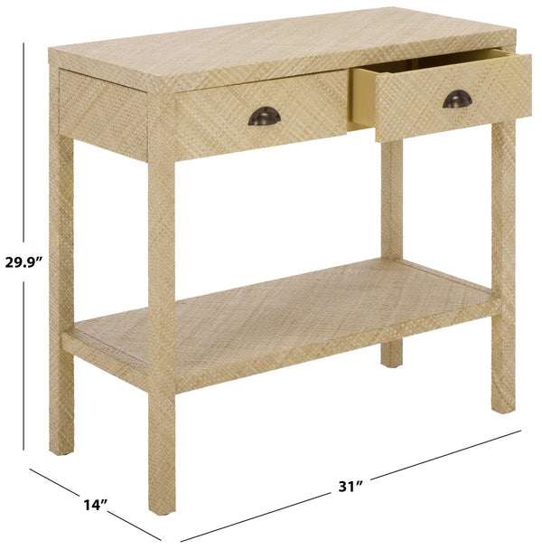 Apis Raffia Console Table With 2 Drawers & Open Shelf — Compact Bayur Wood Entryway Organizer